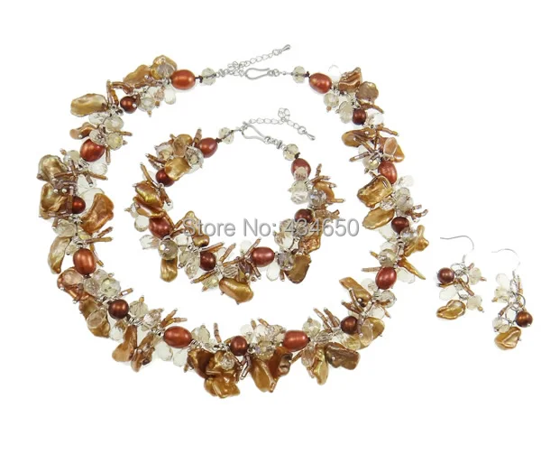 Free shipping!!!Crystal Jewelry Sets Guaranteed 100% bracelet &amp necklace with Freshwater Pearl brass clasp half-plated | Украшения и