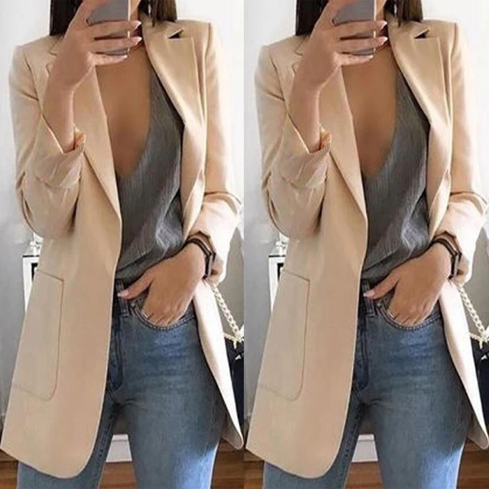 Горячая Женская с длинным рукавом Винтаж OL Slim Fit формальный Длинный блейзер сезон весна осень элегантный карман однотонный костюм куртка пальто повседневная верхняя одежда