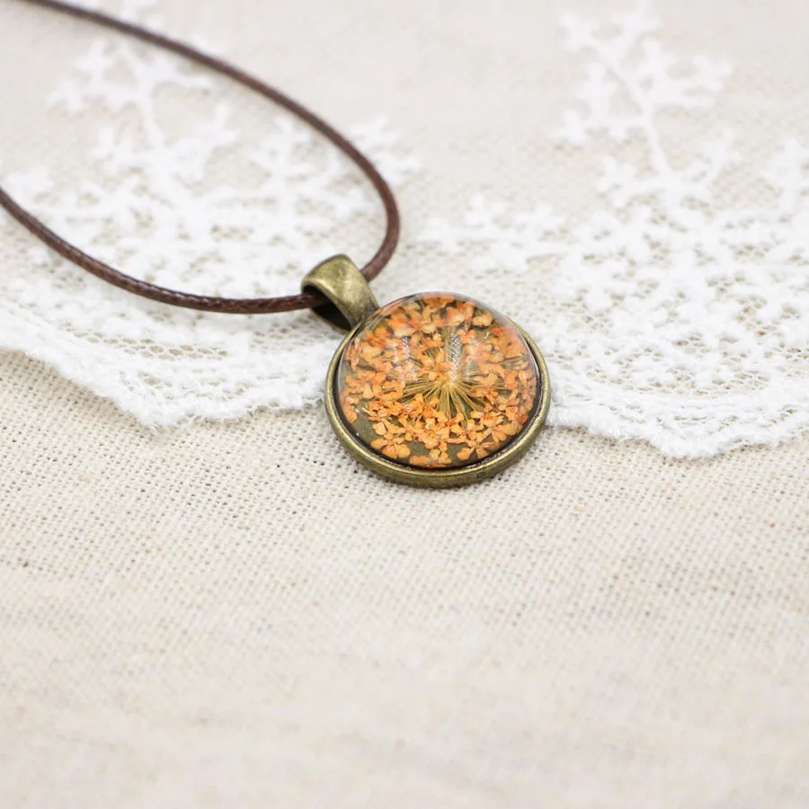 Ретро ручной работы драгоценный камень кулон с высушенным цветком ожерелье
