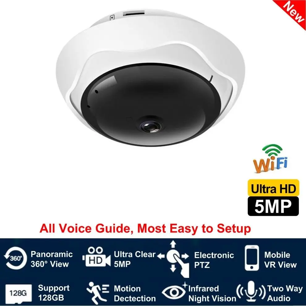 

5MP Ultra Clear 360 Panoramic Fisheye IP Camera WiFi/Cat5 Wire Network PTZ View