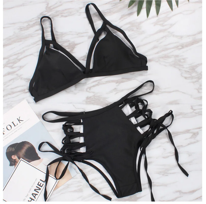Sexy Bandage Swimwear Women 2019 Mujer Cut Out Solid Bikini High Waist Bathing Suit Swimsuit Swimming Costumes for Badpak |