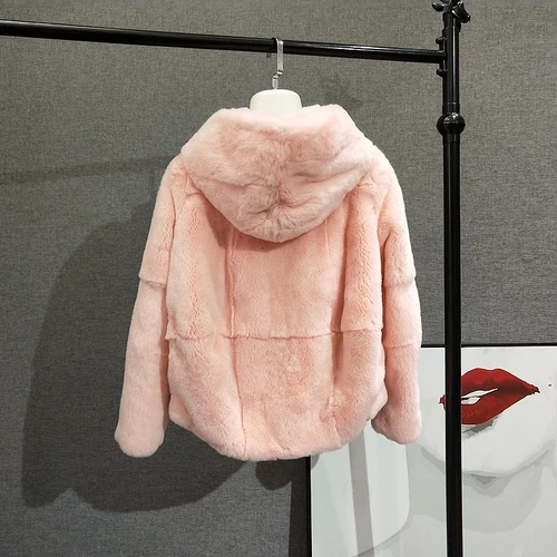 Розовый OFTBUY пальто с натуральным мехом, зимняя куртка для женщин, полностью натуральный мех кролика Рекс, капюшон, уличная верхняя одежда, повседневная Толстая теплая Модная одежда - Цвет: Розовый