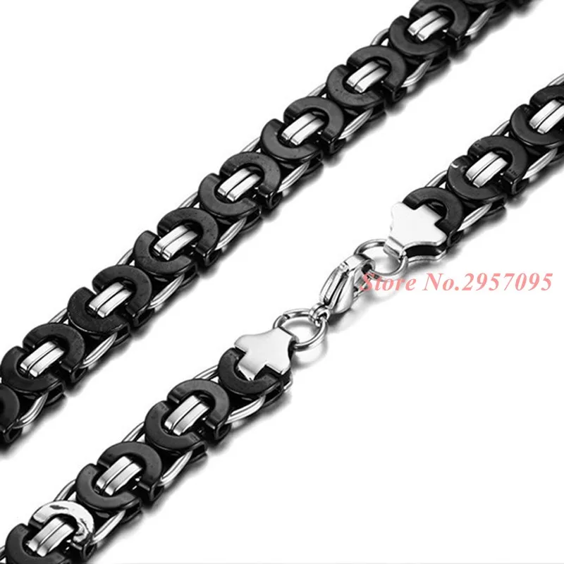 11mm Wide Cool Silver Black Color Box- Byzantine Chain Necklace &amp Bracelet Set Stainless Steel Jewelry Men's | Украшения и