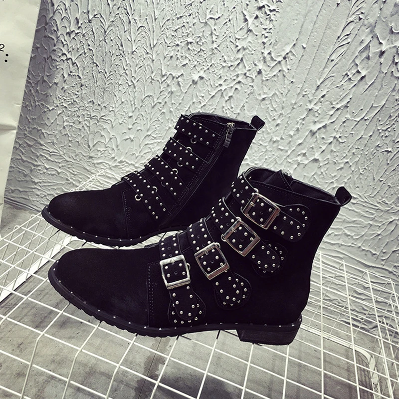 Boussac 43 Size Rivets Motorcycle Boots Women Brand Design Ankle Vintage Short Plush Warm Winter SWE0143 | Обувь