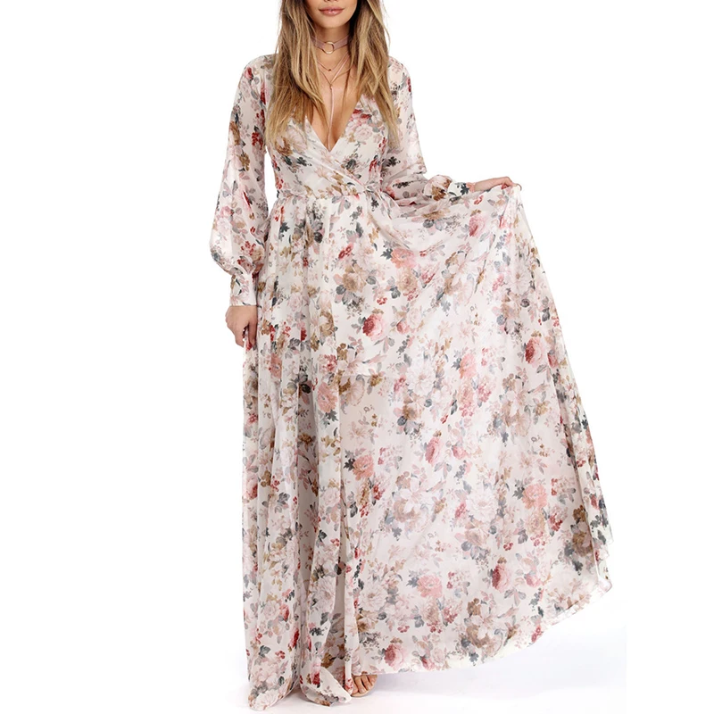 Женское длинное платье с v образным вырезом и цветочным принтом|Женские платья| |
