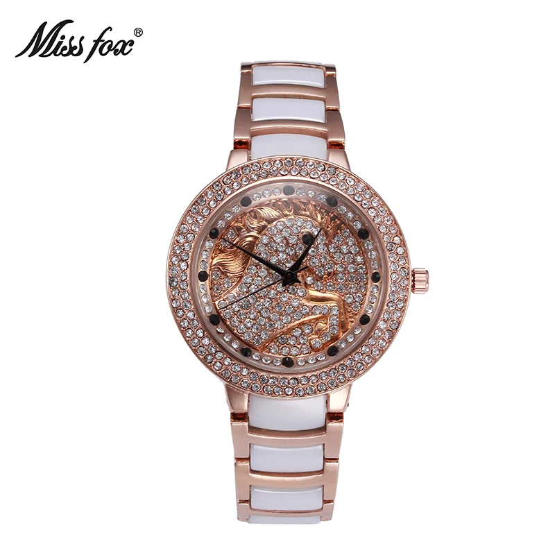 MissFox Единорог кварцевые часы золотые женские часы люксовый бренд Uhr Фантастическая Мода Акция полный горный хрусталь белые керамические часы