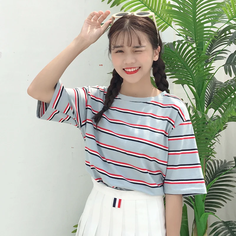 Kawaii/Розовая белая полосатая футболка для женщин Повседневная Винтажная девушек