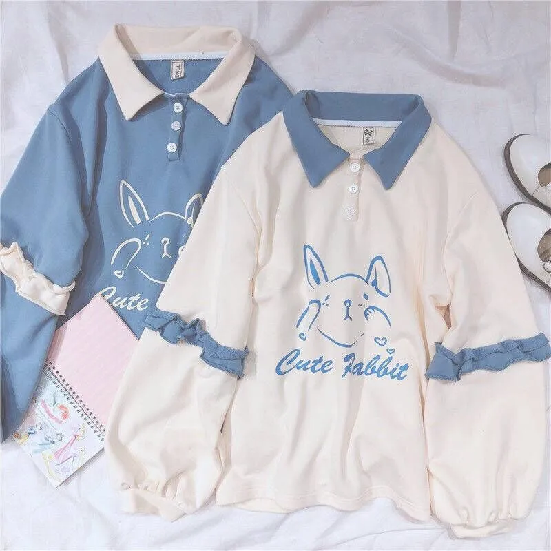 Soft Girls Cute Rabbit Female Hoodies Japanese Kawaii Bunny Graphic Vintage Women Sweatshirt Kpop Long Sleeve Ruffle Clothes