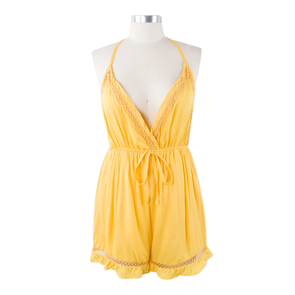 

Neatie kiddie Sexy Halter V-neck Casual Ruffles Short Beach Style Jumpsuit Women Playsuit Backless Summer Casual Romper Bodysuit