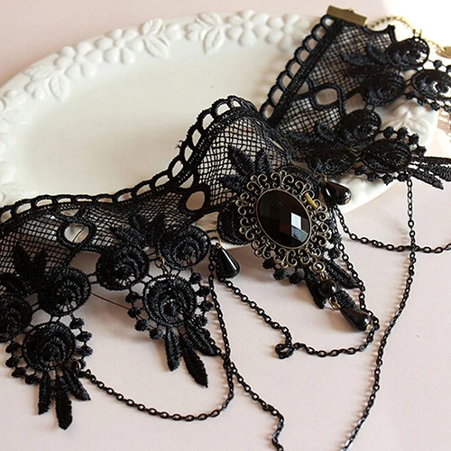 Women Vintage Gothic Black Rhinestone Lace Layered Chain Collar Necklace Choker | Украшения и аксессуары