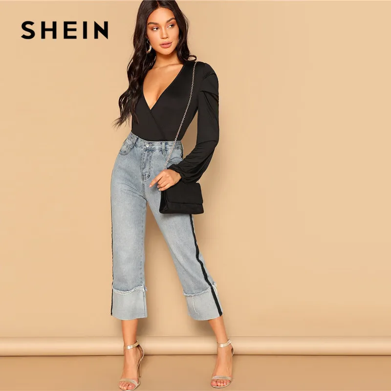 SHEIN Боди С Глубоким V-образным Вырезом Женские Современные Сексуальные Боди С Длинным Рукавом