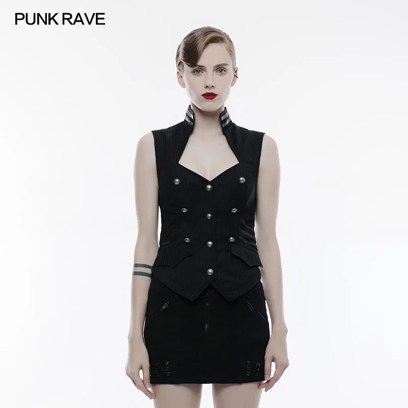 PUNK RAVE Women Vintage Military Uniform Blouse Steampunk Gothic Striped Woven Sleeveless Vest Party Formal Tops Shirt | Женская одежда