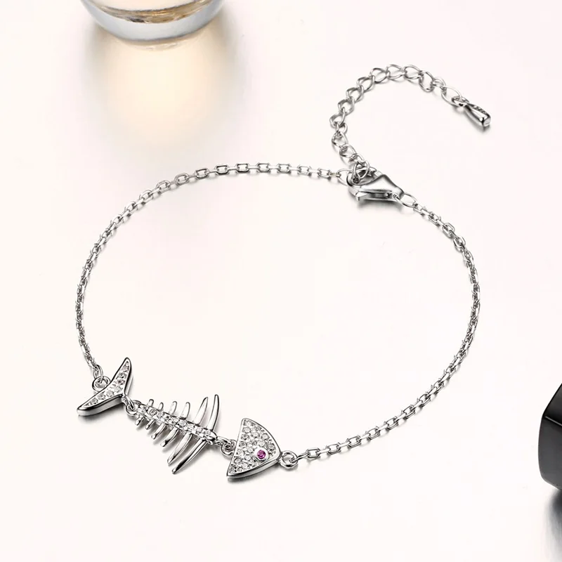 OMHXZJ Wholesale Personality Fashion OL Woman Girl Party Gift White Fish Bone Zircon Thin 925 Sterling Silver Bracelet BR104 | Украшения и