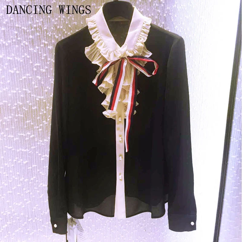 Spring Classic Bowtie Office Lady Chiffon Shirts Black Girl Ladies Long Sleeve Peter Pan Collar Blouse | Женская одежда