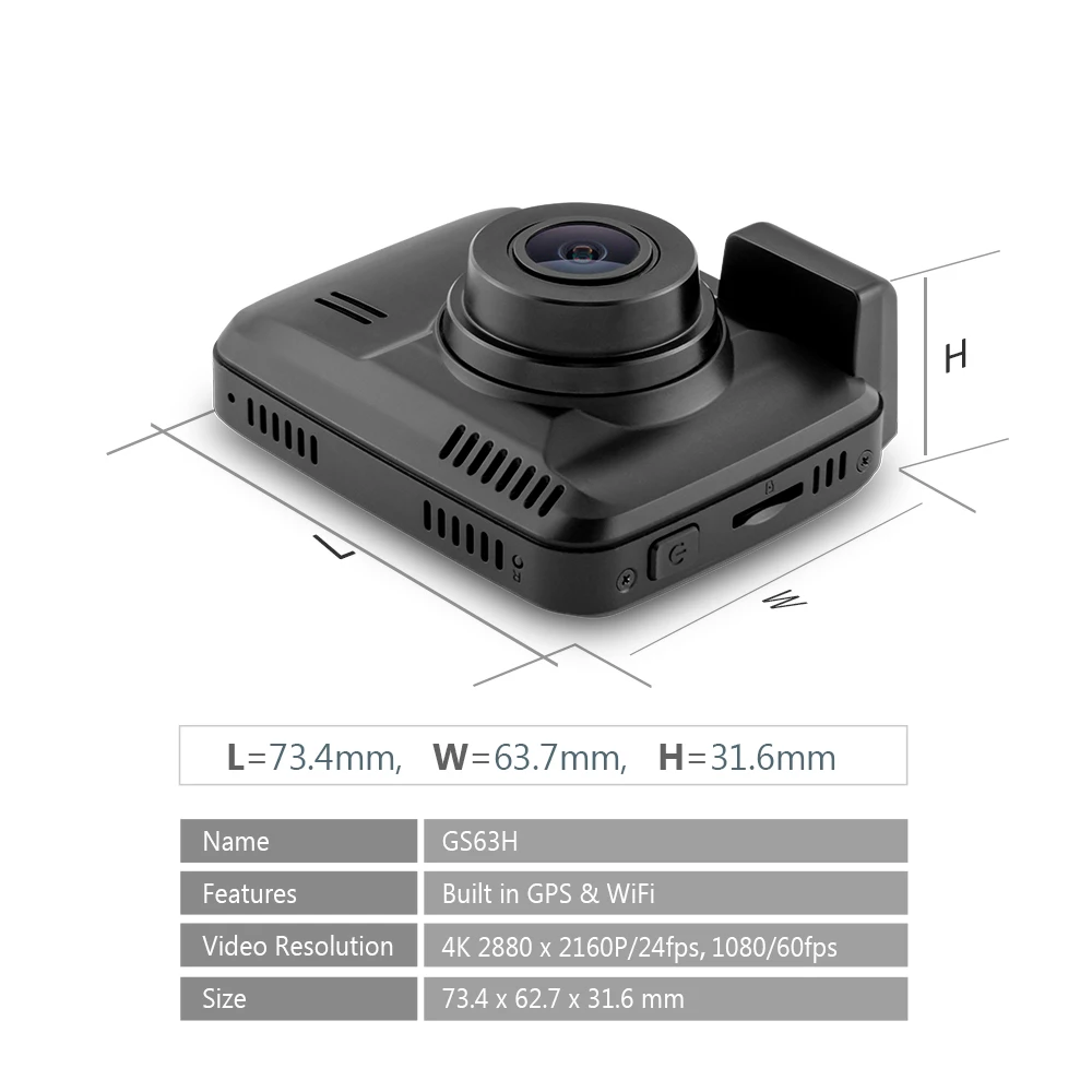 GS63H WiFi Автомобильный видеорегистратор 2," Novatek 96660 Камера Встроенная камера с GPS 4K 2880x2160P ночное видение g-сенсор