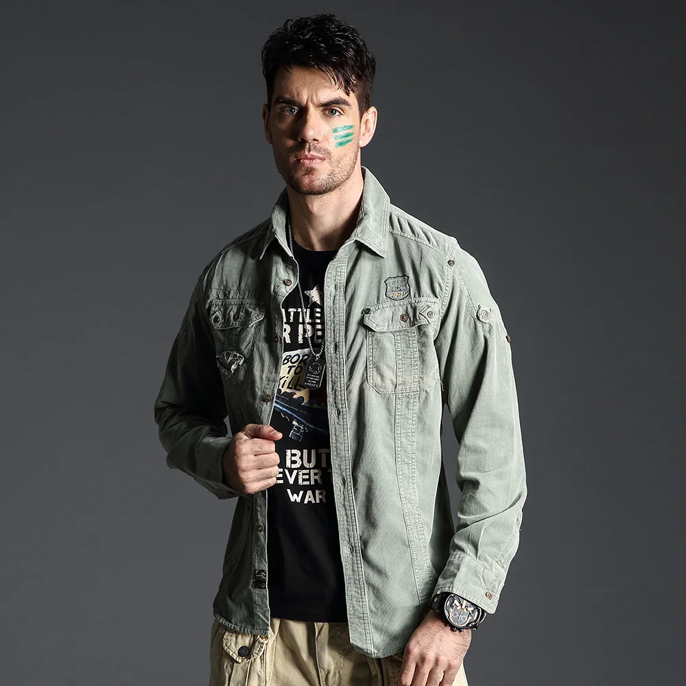 2019 хлопок вельвет Военная Повседневная рубашка с длинными рукавами мужские