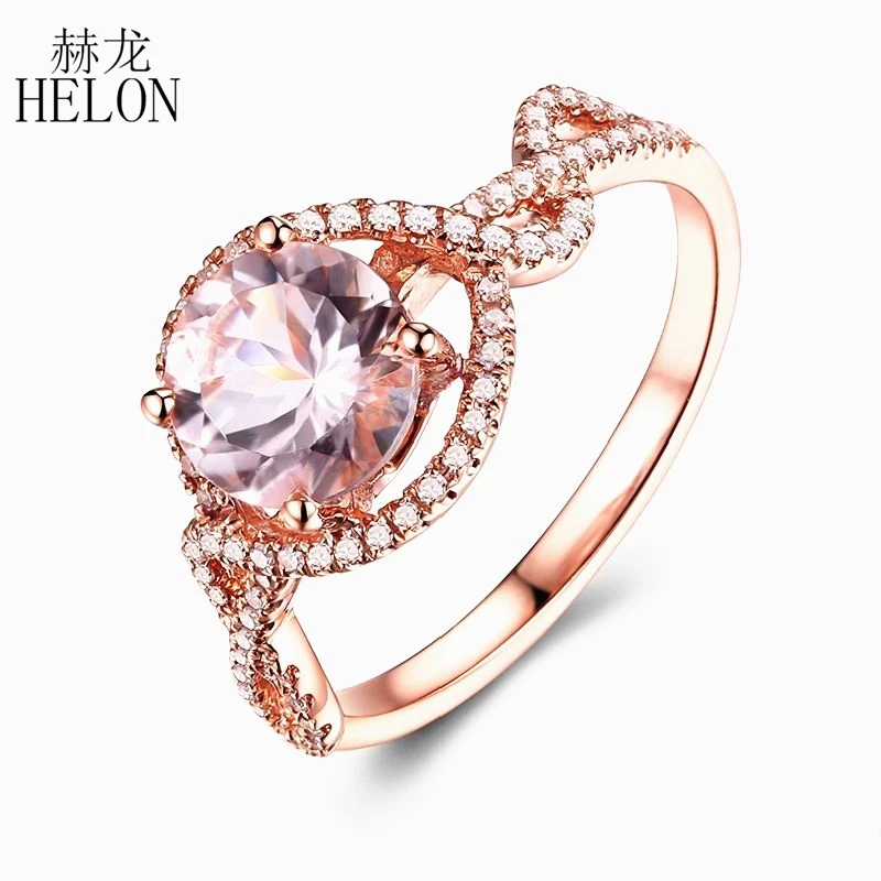 

HELON 7mm Morganite Solitaire Engagement wedding Ring Solid 14k Rose gold Natural diamonds Gemstone Promise Bridal Ring Jewelry