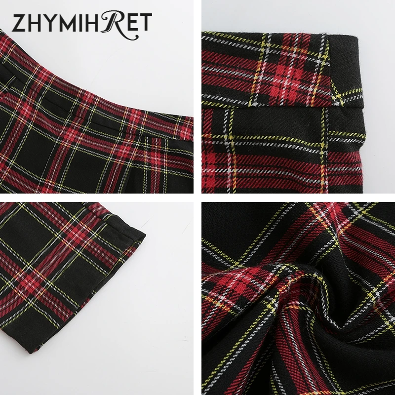 

ZHYMIHRET Spring Cotton Red Plaid Pants Women Straight Ankle-Length Capris Casual Mid Waist Harem Trousers Pantalon Femme