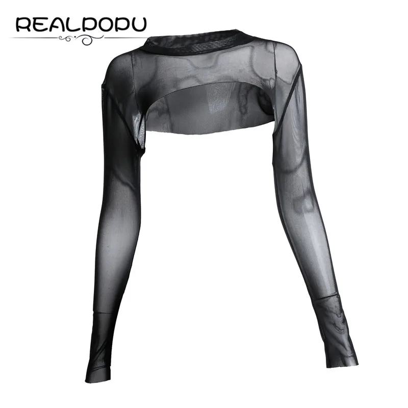 Realpopu Сексуальная сетчатая укороченная однотонная Кружевная футболка с круглым вырезом модная прозрачная короткая футболка с длинными рукавами для женщин стандартные обтягивающие футболки