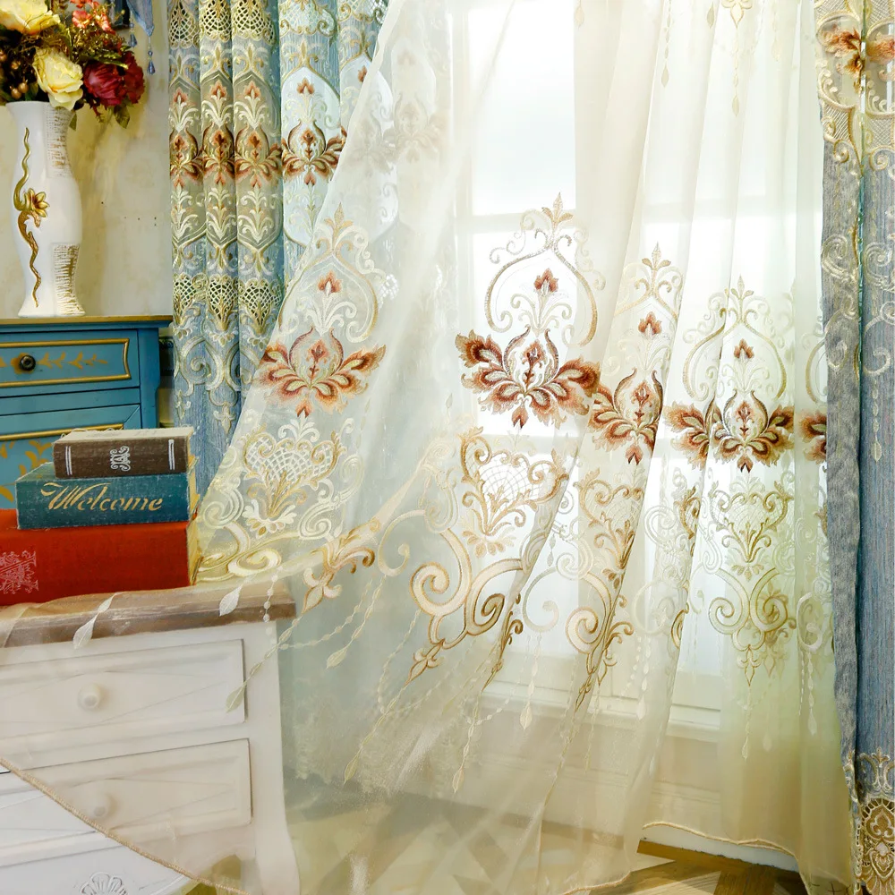 

Custom Made Semi-shading Europe Embroidered Luxury Valance Curtain For living Room Bedroom Tulle Window Treatment Drapes