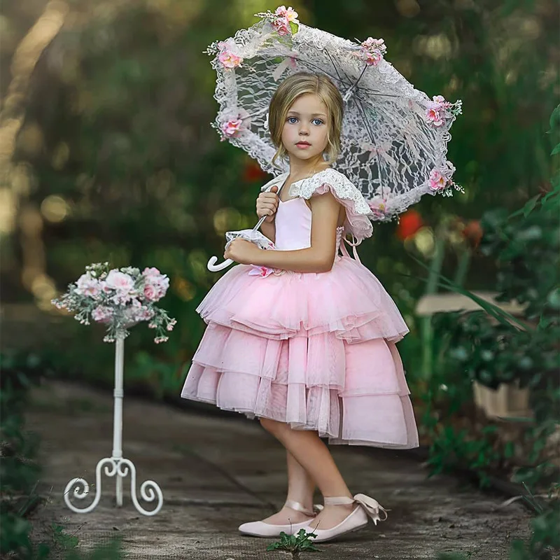 

Princess Baby Lace Tulle Halter Ins Party Dress Cake Tutu Layered Western Candy Pink Ruffles Sweet Girls Kids Holiday Dress
