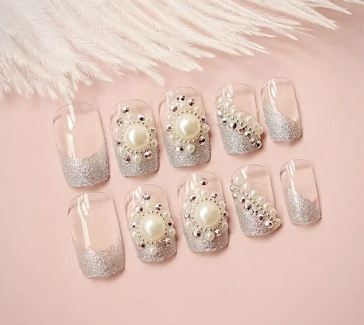 Free Shipping 24pieces/lot Transparent Beautiful Finished Produc Pearl Full False Nails plate Tips with Rhinestone Wholesale | Красота и