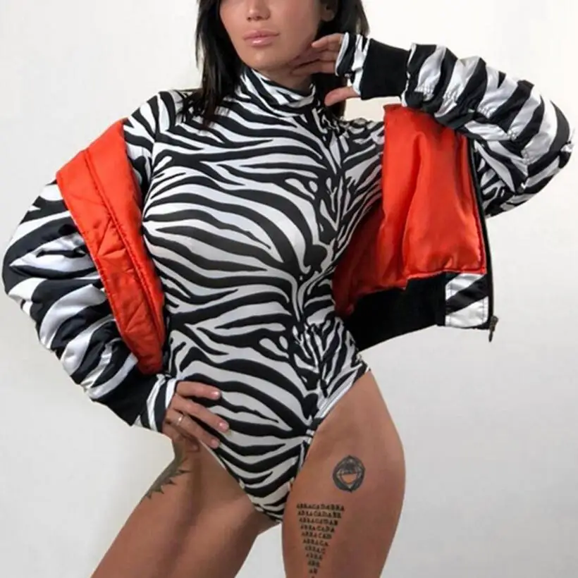 Женское боди с длинным рукавом и принтом зебры осенне зимнее облегающее высоким