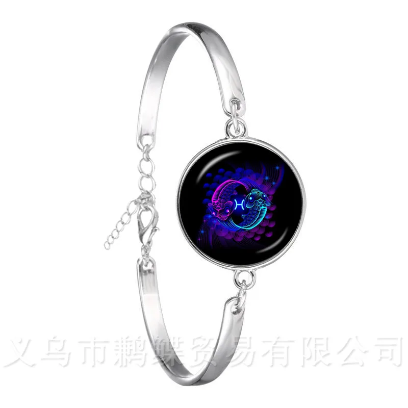 New 12 Zodiac Signs Bracelet Retro Twelve Constellations Cabochon Glass Time Gem Silver Plated Chain Bangle For Gift | Украшения и