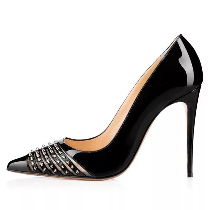 

Size 34-45 Pointy Toe Mirror Patent Leather Spike Studs Women Pumps Stilettos Thin High Heels Sexy Party Shoes