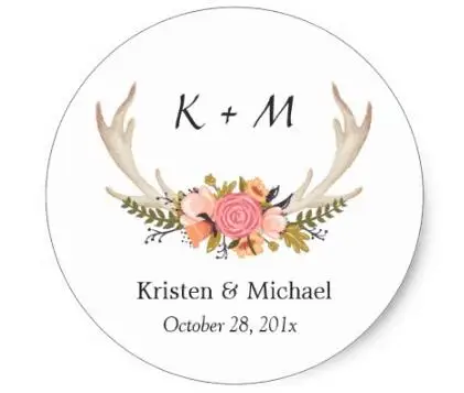 

1.5inch White Antler Floral Bride Groom Wedding Monogram Classic Round Sticker