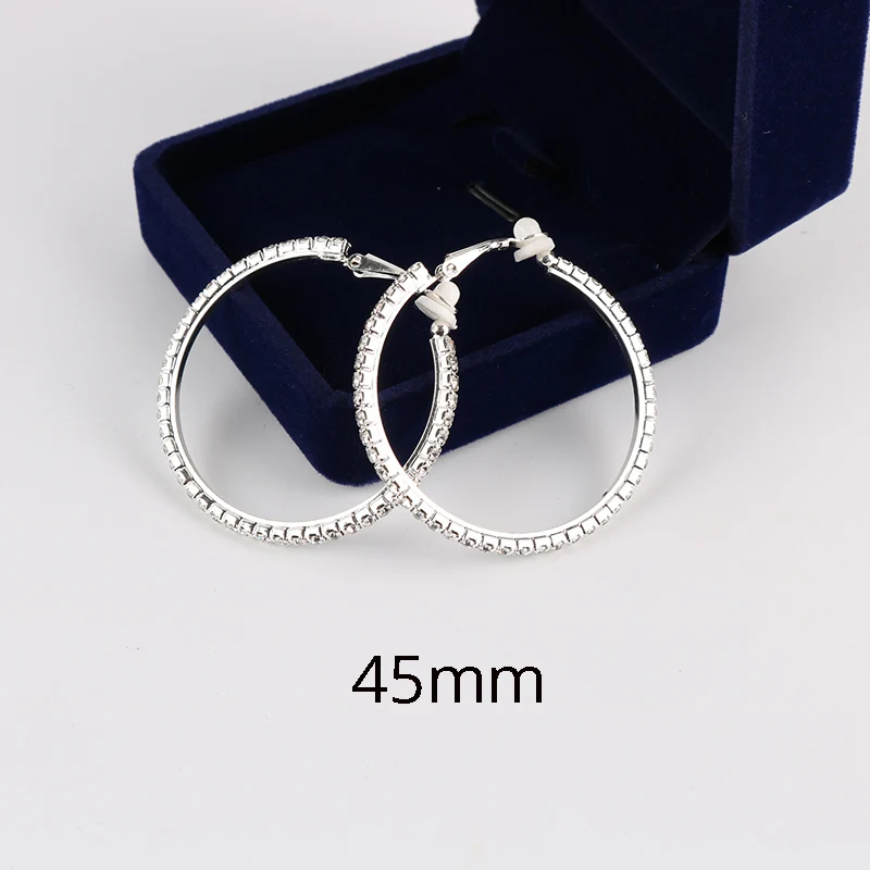 45mm Модные серебряные серьги-клипсы с большой круглой формой, стразы для женщин, серьги-клипсы для ушей, женские серьги, ювелирное изделие - Окраска металла: 45mm