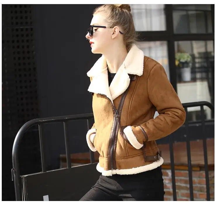 brown white collar Осень-зима, женские куртки из овечьей шерсти кофейного цвета, Короткие Байкерские Куртки из искусственной кожи и замши, коричневые женские пальто из овчины - Цвет: brown white collar