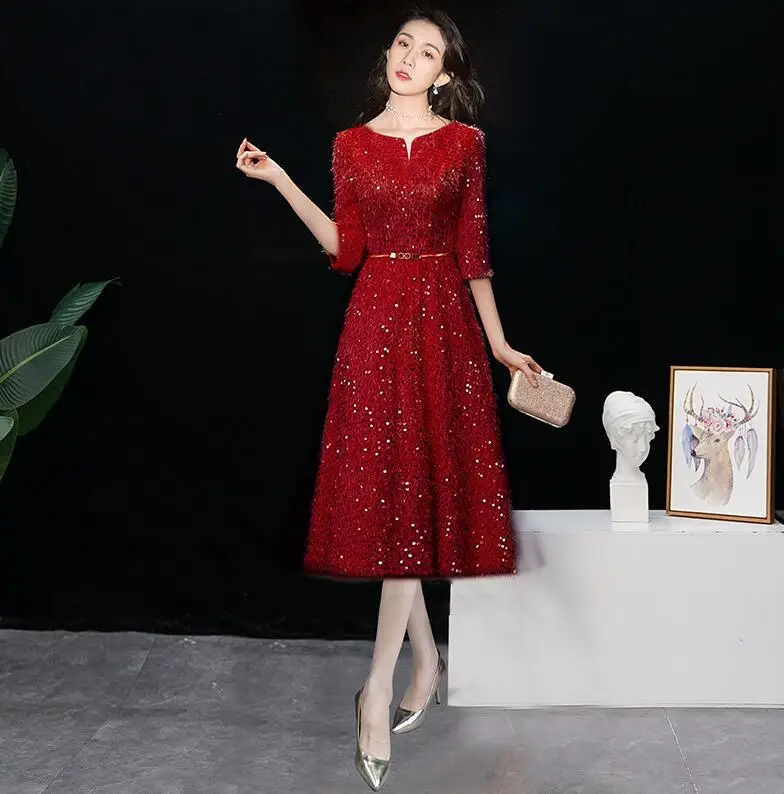 burgundy Элегантное Золотое азиатское короткое платье Ципао с пайетками, Vestidos, чиносы, восточные вечерние платья, Классические Вечерние Платья, размер XS-3XL - Цвет: burgundy