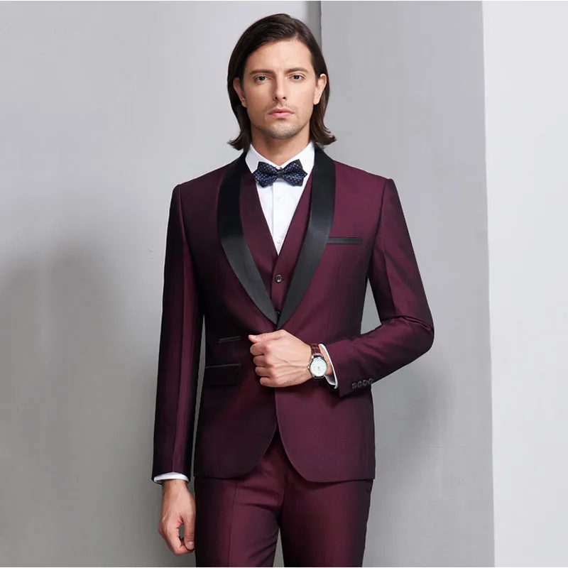 Желанная пора Для мужчин бордовый Свадебный костюм 3 предмета Slim Fit Мужской