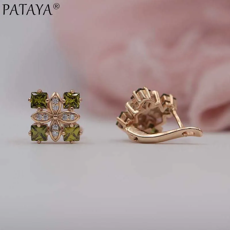 Роскошные женские серьги PATAYA, четыре квадрата, 585, розовое золото, зеленый цвет, натуральный циркон, серьги, свадебные украшения, свадебные вечерние серьги AAA - Окраска металла: olive green