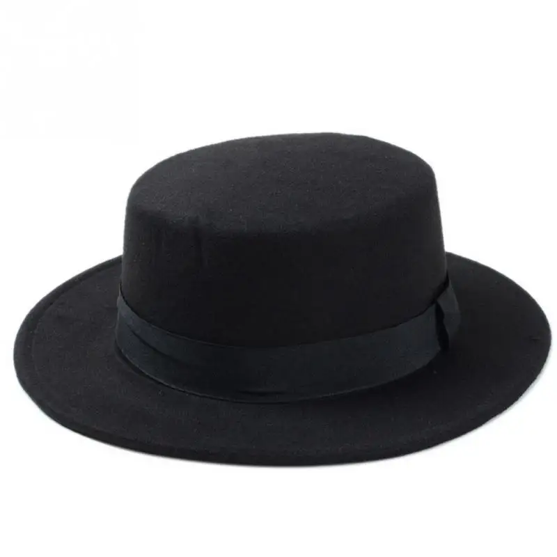 New Fashion Wool Boater Flat Top Hat For Women Felt Wide Brim Fedora |