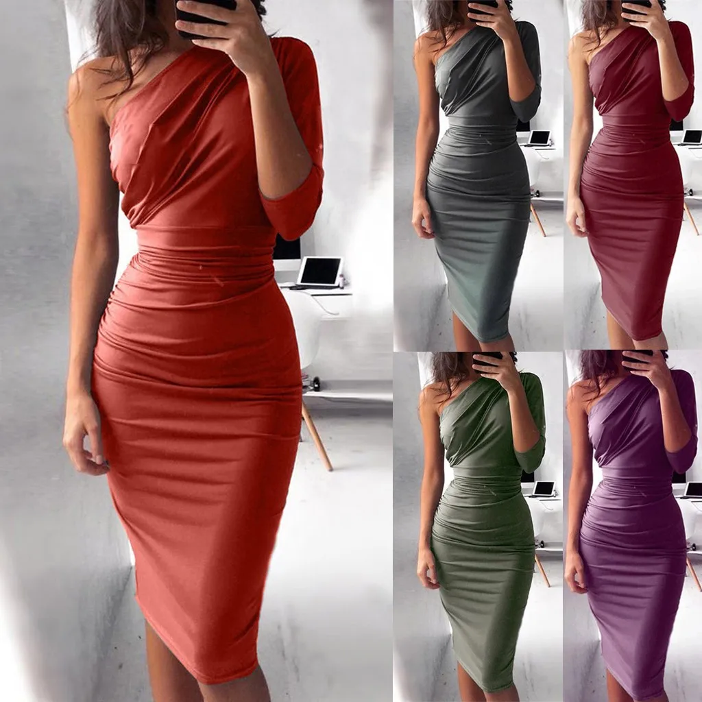 Сексуальное женское платье однотонное модное вечернее до колена | Женская одежда