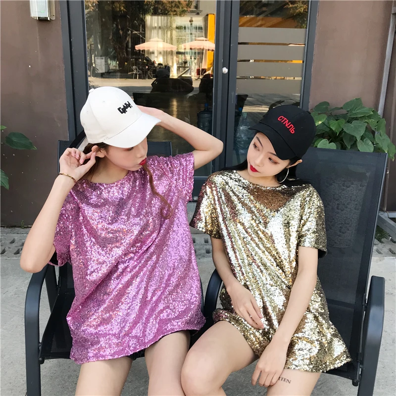 Футболка Для женщин Harajuku личность блестки дикий с круглым вырезом и короткими