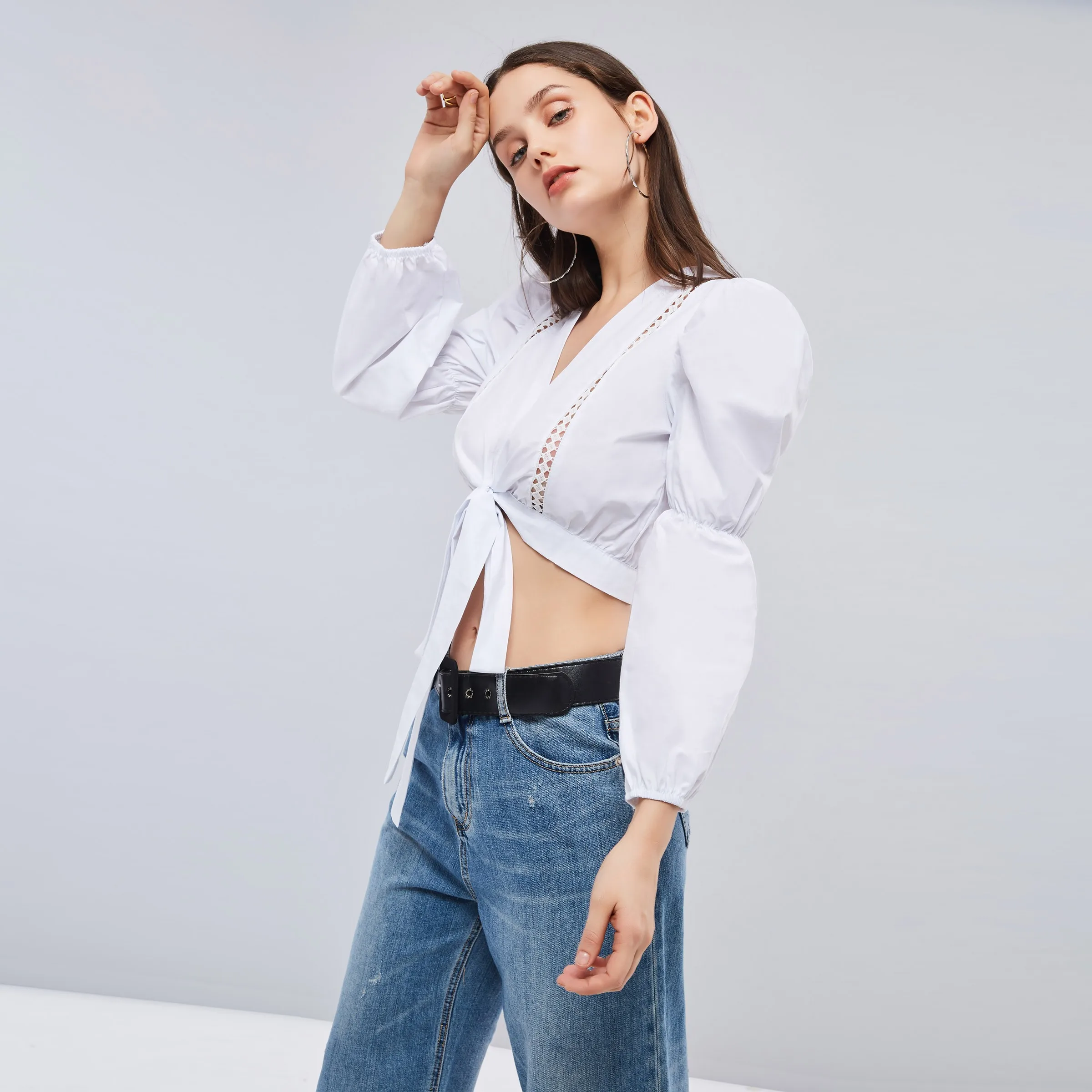 Гот сексуальные пупка Chic блузка Для женщин осень 2018 Кружева полые глубокий V топ