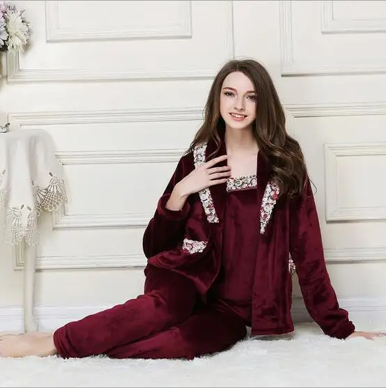 purple rose red Fdfklak/женская одежда высокого качества; коллекция года; Сезон Зима; Фланелевая пижама из 3 предметов; Семейный комплект; пижамы; Mujer; комплекты для сна; q404 - Цвет: purple rose red