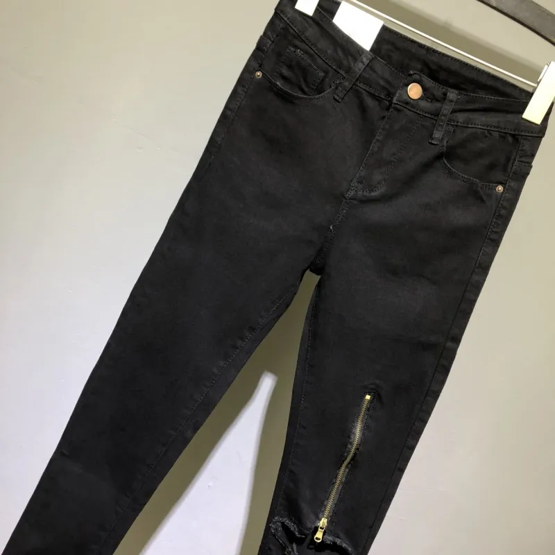 Джинсы до щиколотки, женские джинсы с высокой талией, обтягивающие, черные, на молнии, с одной стороны, с дырками, узкие, для фитнеса, Корейская одежда