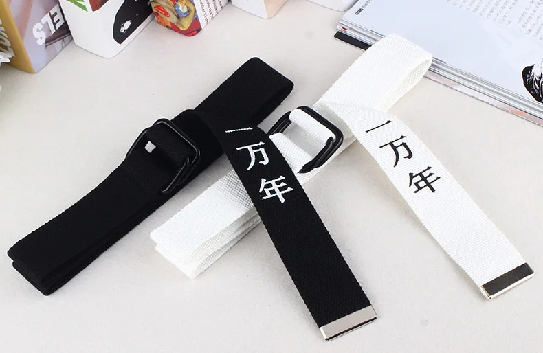 Black White Canvas Belt For Men Women Jeans Chinese Characters Personality Double Ring Buckle Belt Casual white Waistband Z3