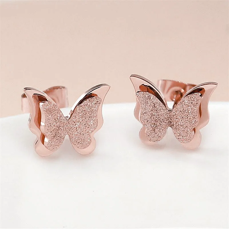 Knock Stainless Steel Earrings For Women Child Rose Gold Color Frosted Double Butterfly Studs Best Jewelry | Украшения и