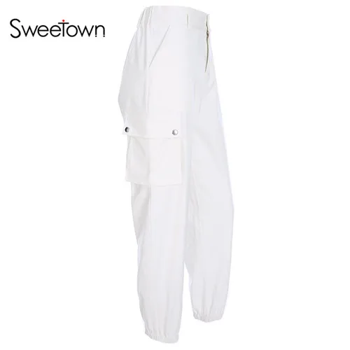 Sweetown корейского размера плюс брюки карандаш для женщин Эластичный Высокая талия Pantalon Femme белый Повседневный карман сбоку летние брюки для женщин s - Цвет: pants