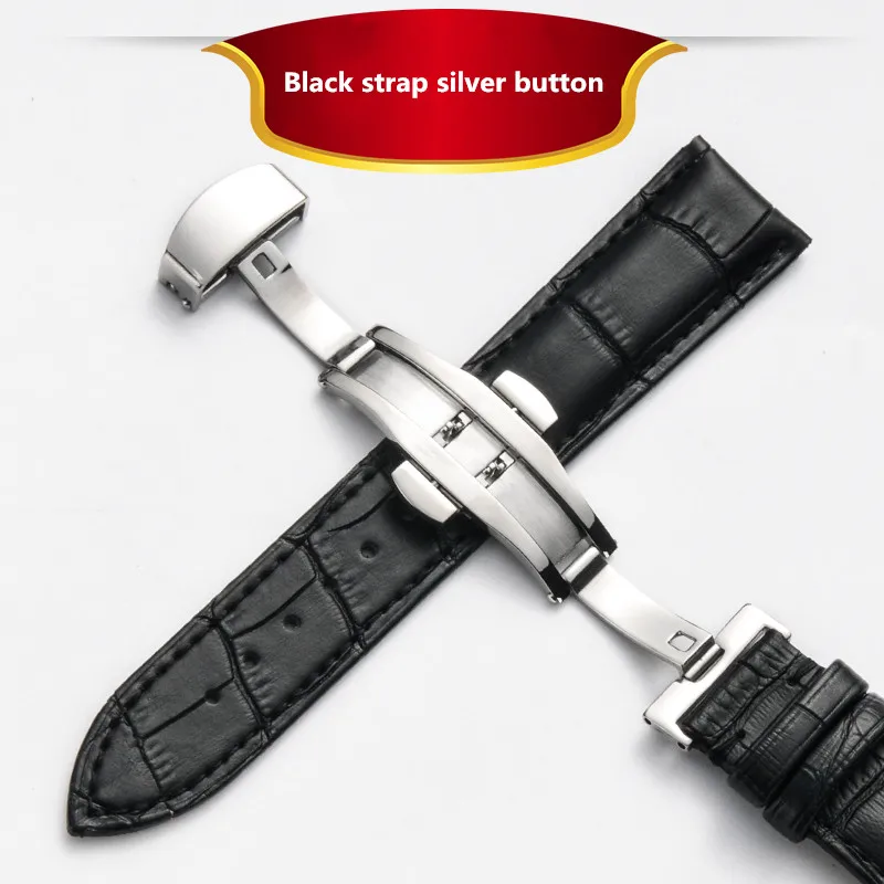 Black Silver Ремешок из воловьей кожи, ремешок из нержавеющей стали, застежка-бабочка, 12 мм, 14 мм, 18 мм, 20 м, 22 мм, 24 мм, ремешок для часов, изысканная деревянная коробка - Цвет ремешка: Black Silver