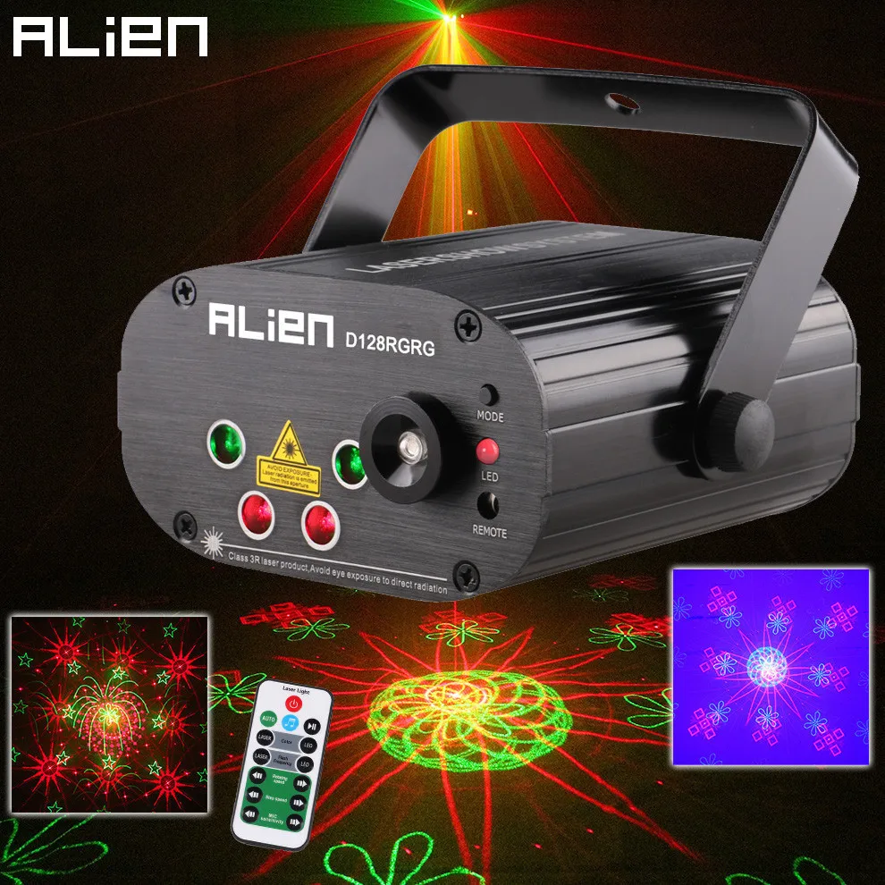 ALIEN Remote Dual Red Green 128 Patterns Stage Laser Projector Lighting Effect DJ Disco Party Club Bar Xmas Light With Blue LED red green laser lumiere blue leds light and music equipment for disco machine onthe remote control soundlights