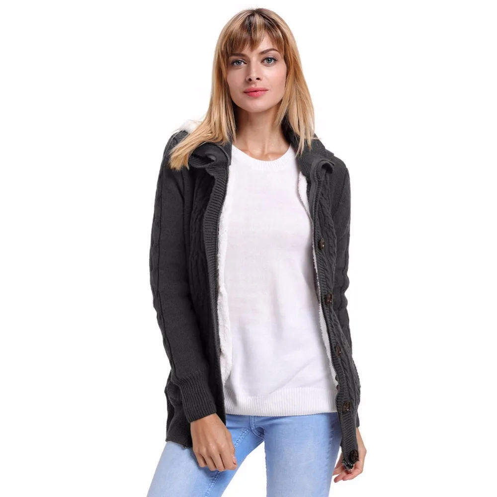 Autumn Winter 2018 New Knitted Sweater Single Row Button and Zipper Women Cardigan Hooded Jacket with Fleece D130 |