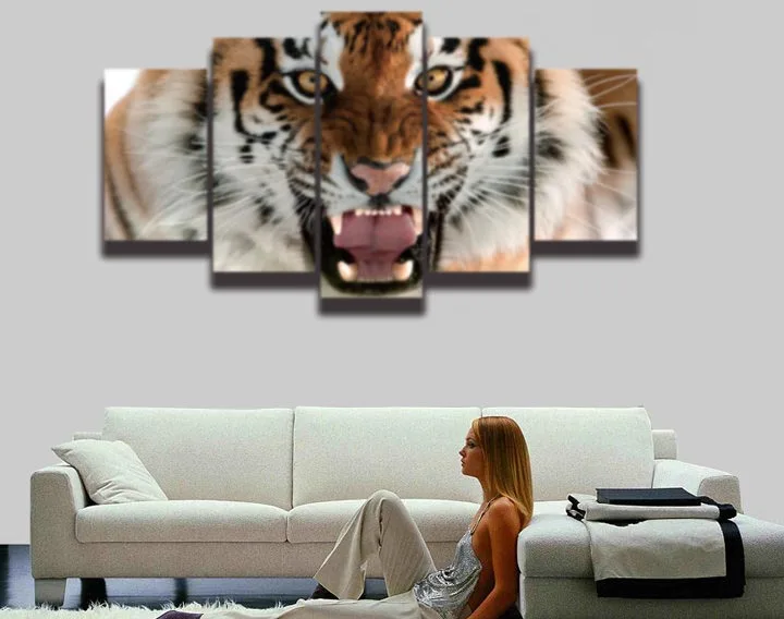 2016 Картина на холсте Декор голова тигра животные 5 панелей настенное искусство
