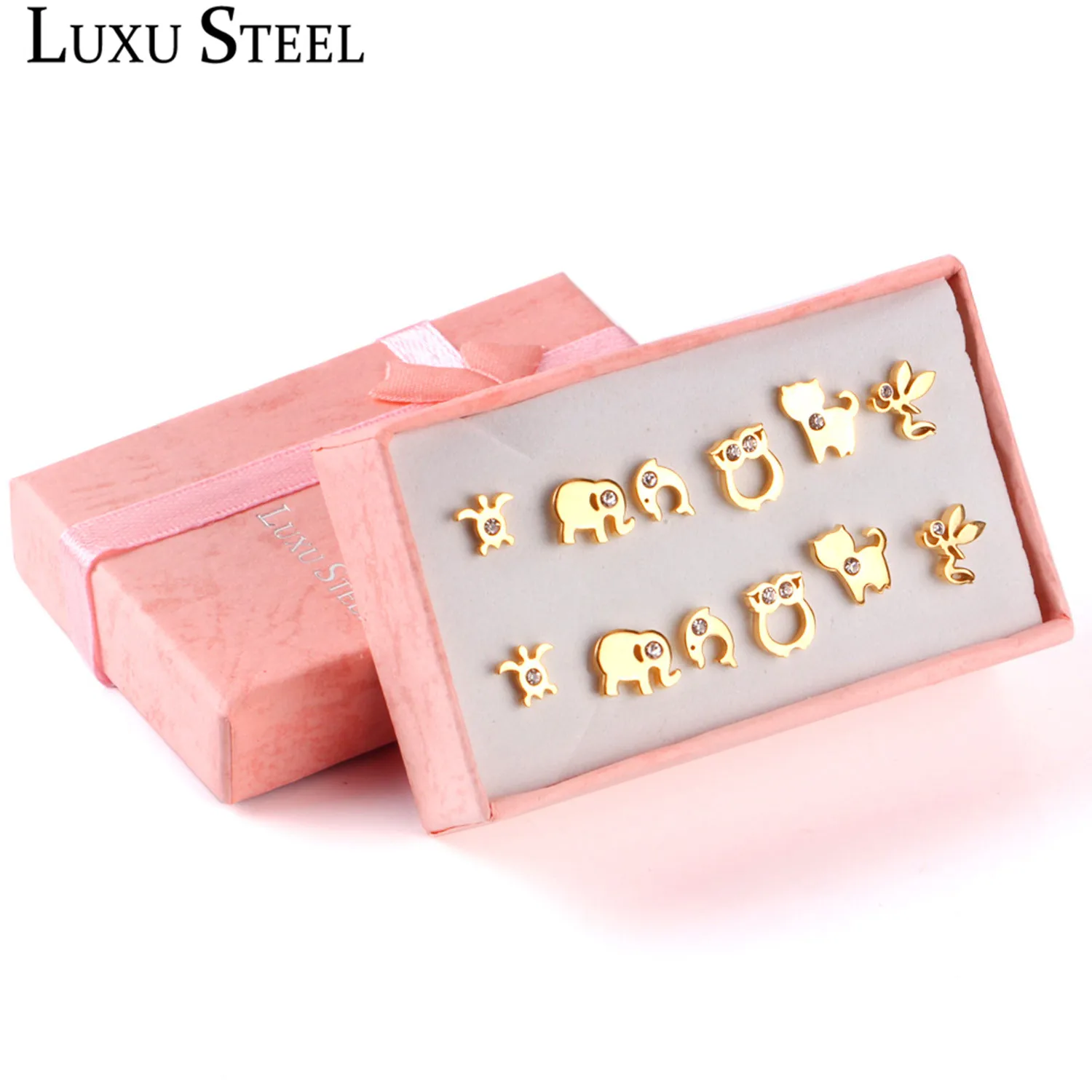 Комплект из 6 пар сережек в коробке LUXUSTEEL подарочные серьги гвоздики с животными