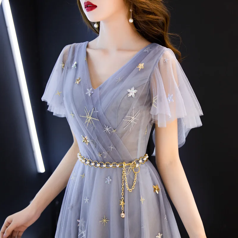 Gray Blue Chinese Oriental V-Neck Full Length Wedding Women Sexy Cheongsam Evening Dress Elegant Princess Dresses Modern Qipao |